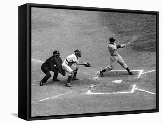 New York Yankee Joe Di Maggio Swinging Bat in Game Against the Philadelphia Athletics-Alfred Eisenstaedt-Framed Stretched Canvas