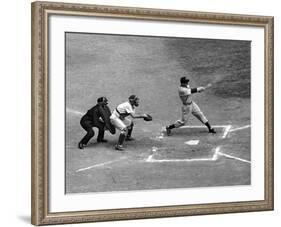 New York Yankee Joe Di Maggio Swinging Bat in Game Against the Philadelphia Athletics-Alfred Eisenstaedt-Framed Premium Photographic Print