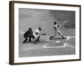 New York Yankee Joe Di Maggio Swinging Bat in Game Against the Philadelphia Athletics-Alfred Eisenstaedt-Framed Premium Photographic Print