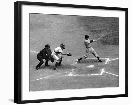 New York Yankee Joe Di Maggio Swinging Bat in Game Against the Philadelphia Athletics-Alfred Eisenstaedt-Framed Premium Photographic Print