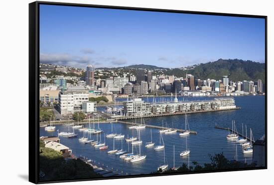 New Zealand, North Island, Wellington, elevated city skyline from Mt. Victoria, dawn-Walter Bibikw-Framed Stretched Canvas