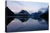 New Zealand, Nuova Zelanda, Fiordland, Milford Sound and Moon During a Cold and Misty Sunrise.-Andrea Pozzi-Stretched Canvas