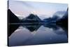New Zealand, Nuova Zelanda, Fiordland, Milford Sound and Moon During a Cold and Misty Sunrise.-Andrea Pozzi-Stretched Canvas