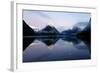 New Zealand, Nuova Zelanda, Fiordland, Milford Sound and Moon During a Cold and Misty Sunrise.-Andrea Pozzi-Framed Photographic Print