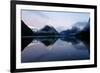 New Zealand, Nuova Zelanda, Fiordland, Milford Sound and Moon During a Cold and Misty Sunrise.-Andrea Pozzi-Framed Photographic Print