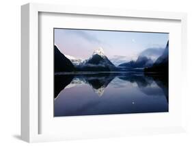 New Zealand, Nuova Zelanda, Fiordland, Milford Sound and Moon During a Cold and Misty Sunrise.-Andrea Pozzi-Framed Photographic Print