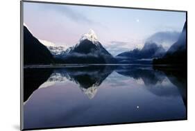 New Zealand, Nuova Zelanda, Fiordland, Milford Sound and Moon During a Cold and Misty Sunrise.-Andrea Pozzi-Mounted Photographic Print