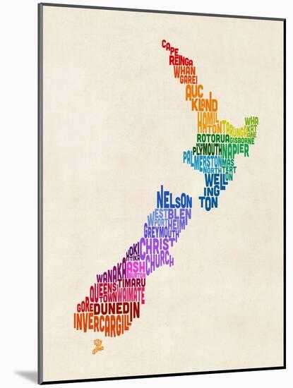 New Zealand Typography Text Map-Michael Tompsett-Mounted Art Print