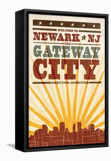 Newark, New Jersey - Skyline and Sunburst Screenprint Style-Lantern Press-Framed Stretched Canvas