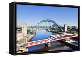 Newcastle Upon Tyne City with Tyne Bridge and Swing Bridge over River Tyne-Neale Clark-Framed Stretched Canvas