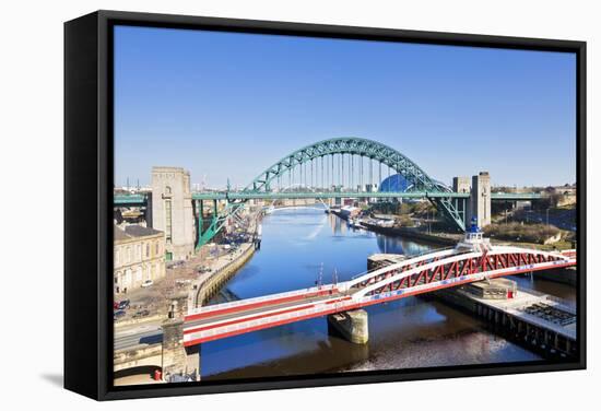 Newcastle Upon Tyne City with Tyne Bridge and Swing Bridge over River Tyne-Neale Clark-Framed Stretched Canvas