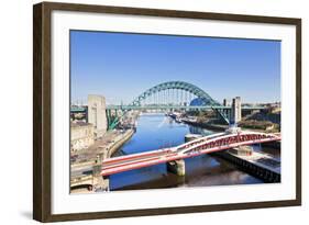 Newcastle Upon Tyne City with Tyne Bridge and Swing Bridge over River Tyne-Neale Clark-Framed Photographic Print