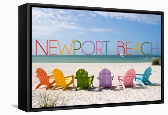 Newport Beach, California - Colorful Beach Chairs-Lantern Press-Framed Stretched Canvas