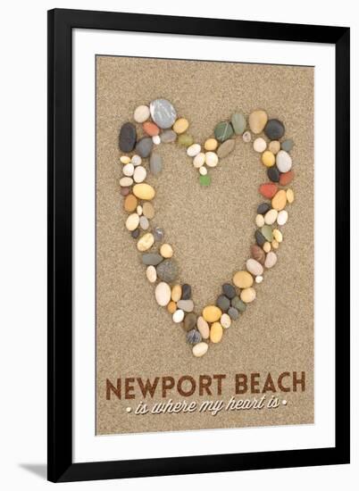 Newport Beach, California Is Where My Heart Is - Stone Heart on Sand-Lantern Press-Framed Art Print