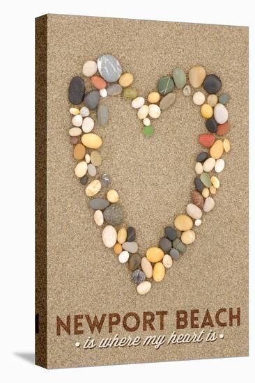 Newport Beach, California Is Where My Heart Is - Stone Heart on Sand-Lantern Press-Stretched Canvas