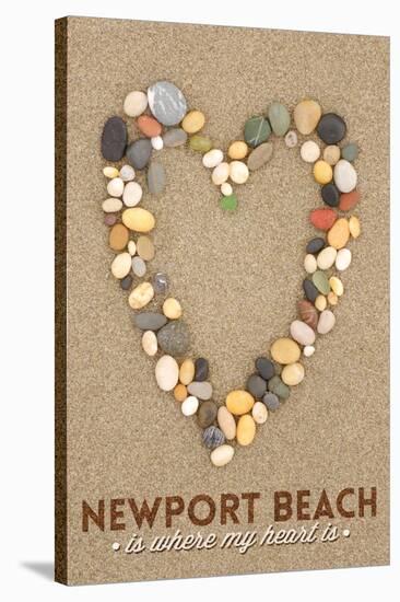 Newport Beach, California Is Where My Heart Is - Stone Heart on Sand-Lantern Press-Stretched Canvas