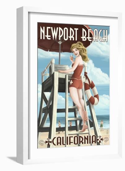 Newport Beach, California - Lifeguard Pinup-Lantern Press-Framed Art Print