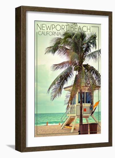 Newport Beach, California - Lifeguard Shack and Palm-Lantern Press-Framed Art Print