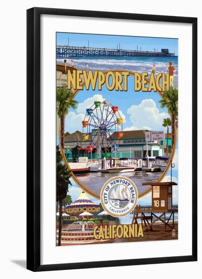 Newport Beach, California - Newport Beach Montage-Lantern Press-Framed Art Print
