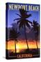 Newport Beach, California - Palms and Sunset-Lantern Press-Stretched Canvas