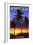Newport Beach, California - Palms and Sunset-Lantern Press-Framed Art Print