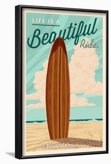 Newport Beach, California - Surf Board Letterpress - Life is a Beautiful Ride-Lantern Press-Framed Art Print