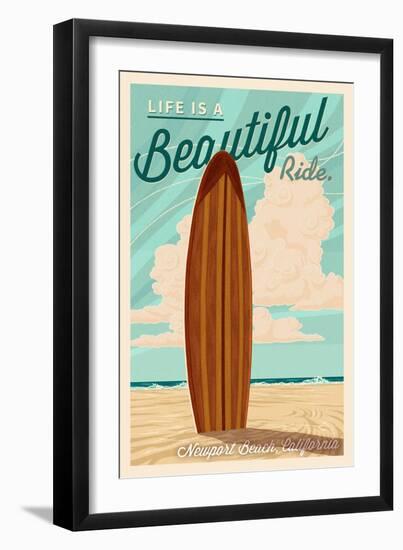 Newport Beach, California - Surf Board Letterpress - Life is a Beautiful Ride-Lantern Press-Framed Art Print