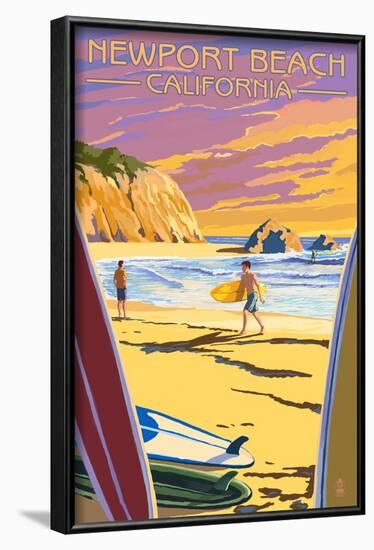 Newport Beach, California - Surfers at Sunset-Lantern Press-Framed Art Print