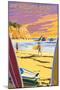 Newport Beach, California - Surfers at Sunset-Lantern Press-Mounted Art Print