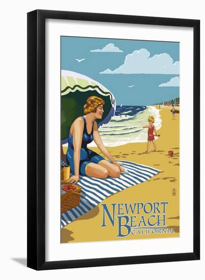 Newport Beach, California - Woman on the Beach-Lantern Press-Framed Art Print