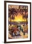 Newport Beach, California - Woodies and Sunset-Lantern Press-Framed Art Print