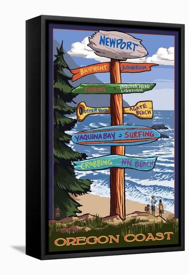 Newport, Oregon - Signpost Destinations-Lantern Press-Framed Stretched Canvas