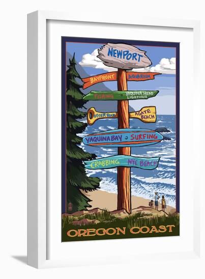 Newport, Oregon - Signpost Destinations-Lantern Press-Framed Art Print