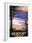 Newport, Oregon - Sunset Beach and Surfers-Lantern Press-Framed Art Print