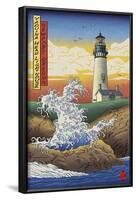 Newport, Oregon - Yaquina Head Lighthouse Woodblock-Lantern Press-Framed Art Print