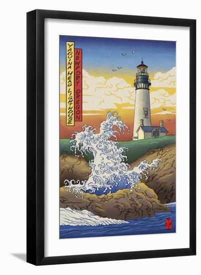 Newport, Oregon - Yaquina Head Lighthouse Woodblock-Lantern Press-Framed Art Print