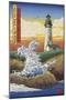 Newport, Oregon - Yaquina Head Lighthouse Woodblock-Lantern Press-Mounted Art Print