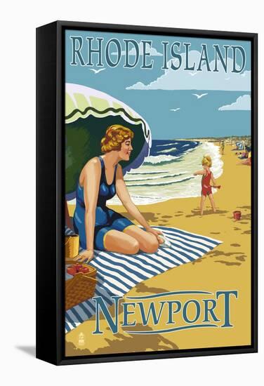 Newport, Rhode Island - Beach Scene-Lantern Press-Framed Stretched Canvas