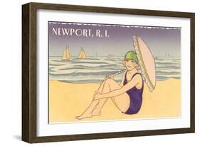 Newport, Rhode Island, Girl on Beach with Parasol-null-Framed Art Print