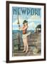 Newport, Rhode Island - Pinup Girl Fishing-Lantern Press-Framed Art Print