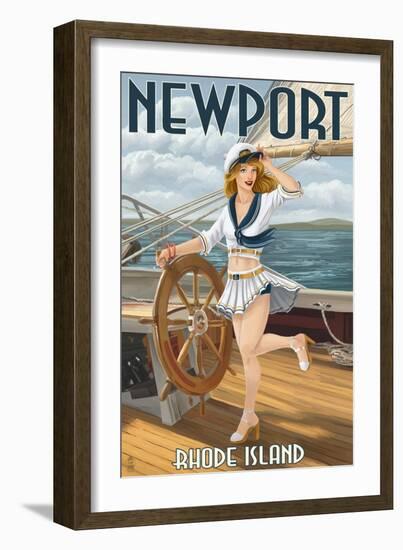 Newport, Rhode Island - Pinup Girl Sailing-Lantern Press-Framed Art Print