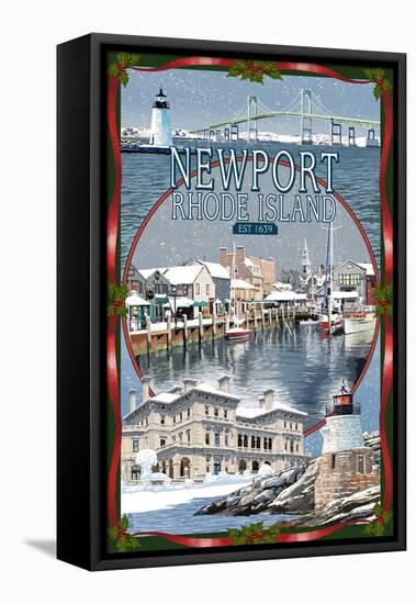 Newport, Rhode Island - Winter Montage Scenes-Lantern Press-Framed Stretched Canvas