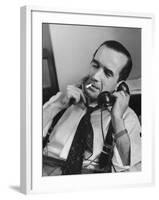 News Commentator, Edward R. Murrow with cigarette in mouth, tie loose, resting in his chair-Lisa Larsen-Framed Premium Photographic Print