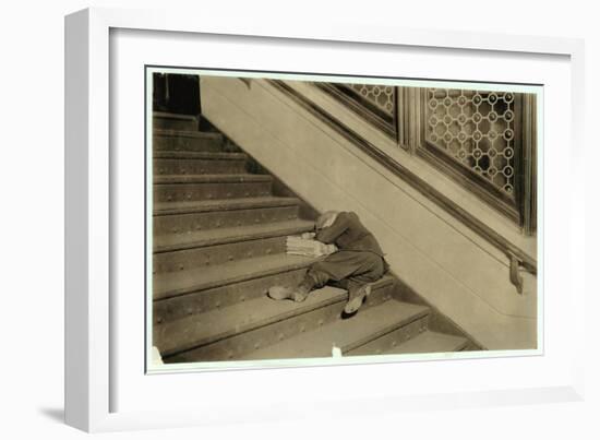 Newsboy Asleep with His Papers in Jersey City, New Jersey, 1912-Lewis Wickes Hine-Framed Photographic Print