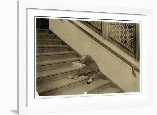 Newsboy Asleep with His Papers in Jersey City, New Jersey, 1912-Lewis Wickes Hine-Framed Photographic Print