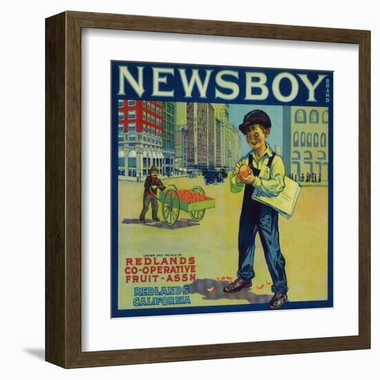 Newsboy Orange Label - Redlands, CA-Lantern Press-Framed Art Print