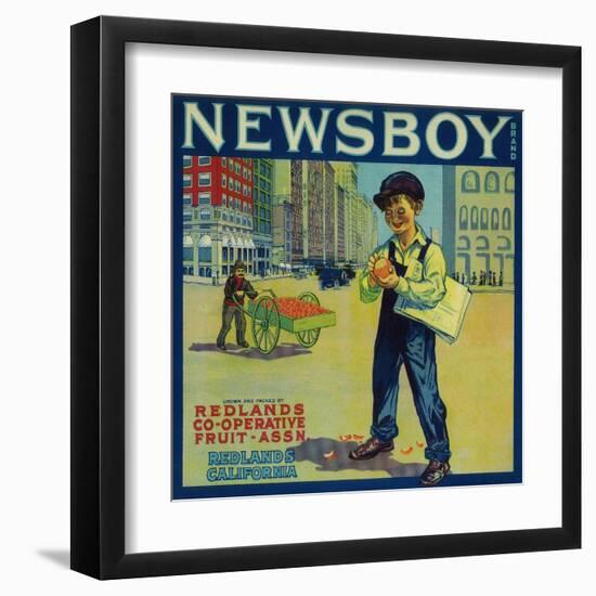 Newsboy Orange Label - Redlands, CA-Lantern Press-Framed Art Print