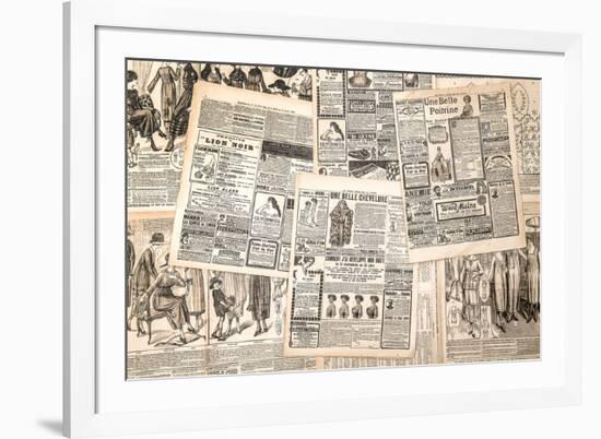 Newspaper Pages with Antique Advertising. Woman's Fashion Magazine-LiliGraphie-Framed Photographic Print