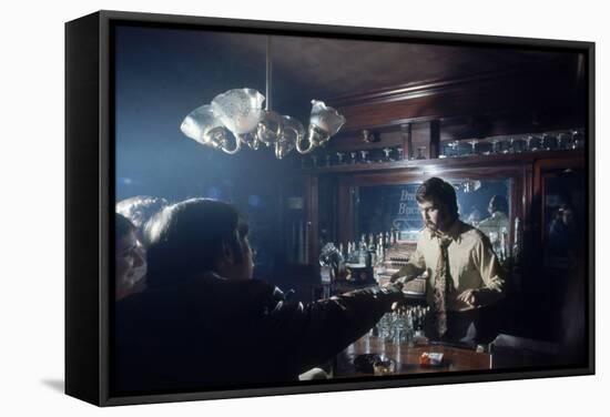 Nhl Boston Bruin Player Derek Sanderson Bartending at His Favorite Boston Bar, 1971-Art Rickerby-Framed Stretched Canvas