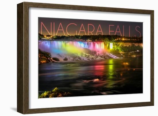Niagara Falls - American Falls and Rainbow Lights-Lantern Press-Framed Art Print